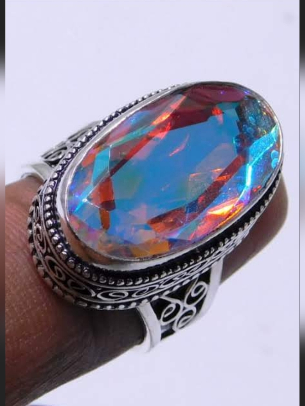 Iridescent Aurora Borealis Multicolor Oval Crystal Ring - Women Jewelry
